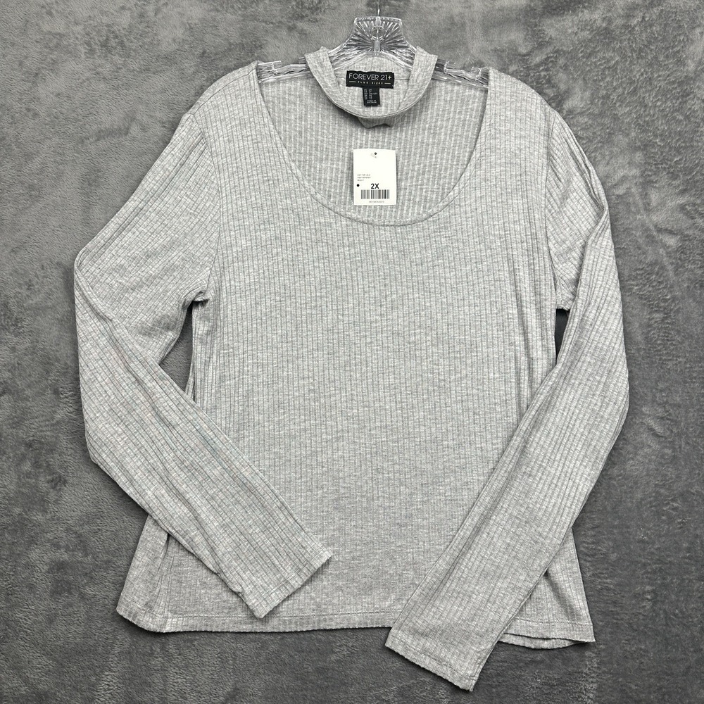 Forever 21 Ribbed Knit Top Women's Plus 2X Heather Gray Long Sleeve Pullover NWT